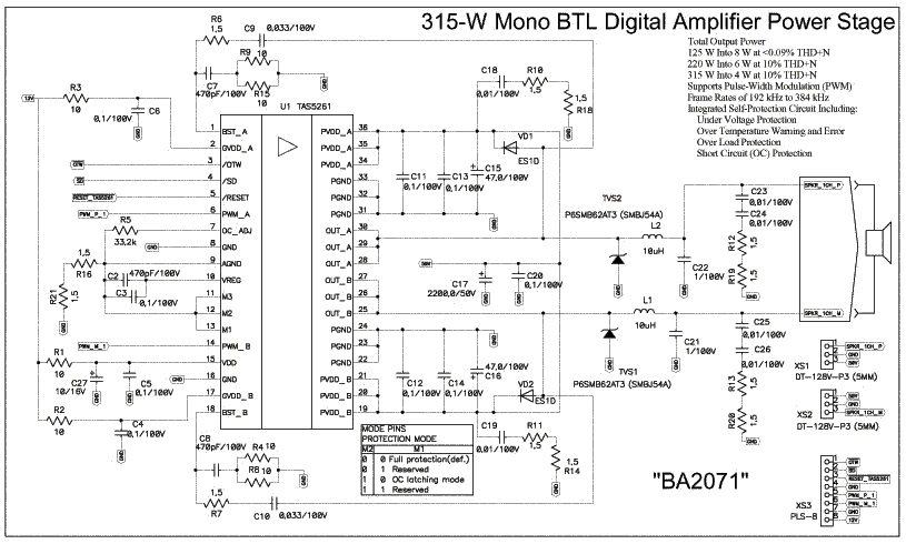 Мастер Кит Современный HiFi аудиоусилитель на базе блоков BM2071 и BM2072  Цифровой оконечный усилитель «D» класса, схема электрическая принципиальная
