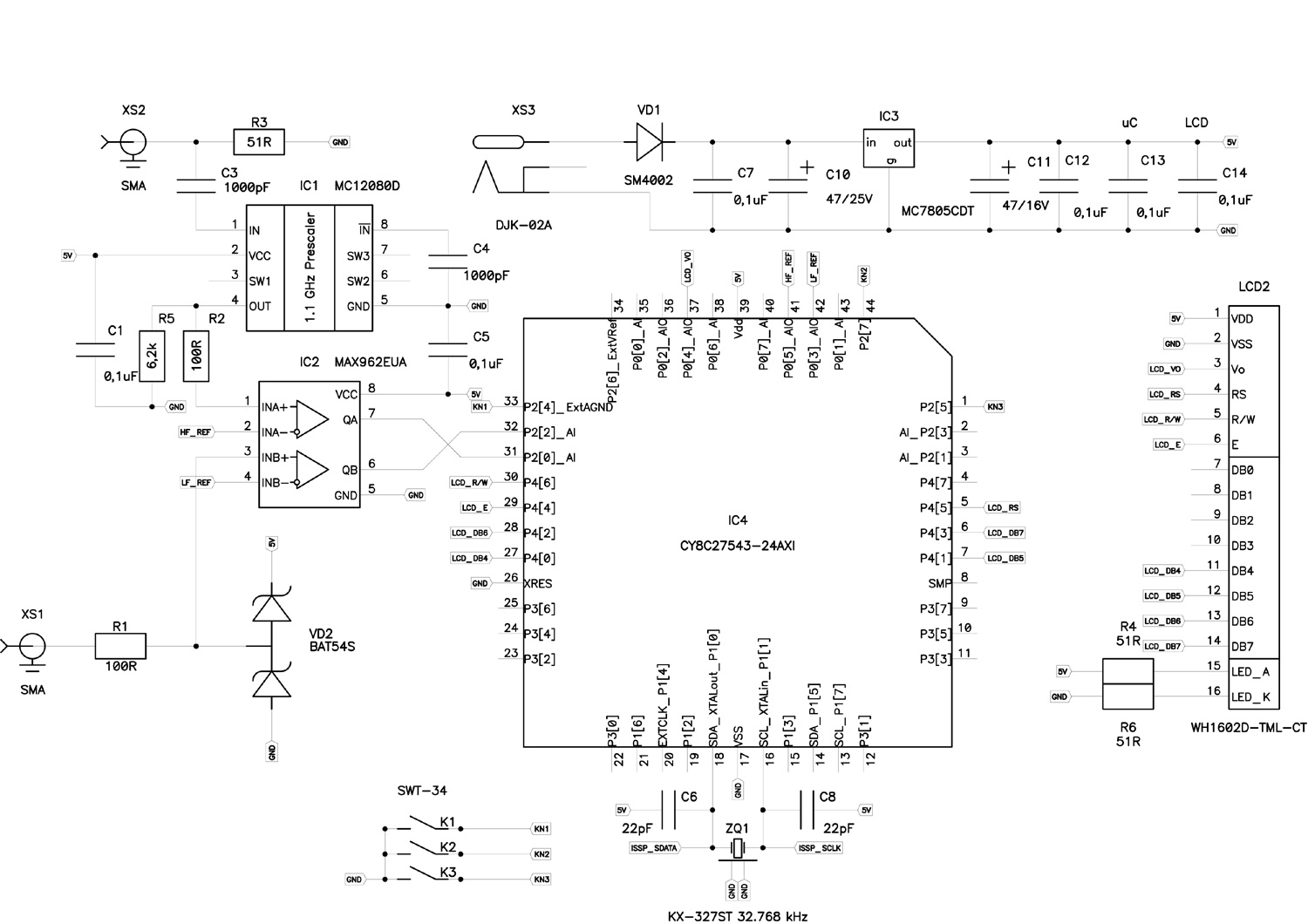 Мастер Кит Двухдиапазонный измеритель частоты BM8010 Схема электрическая принципиальная частотомер BM8010
